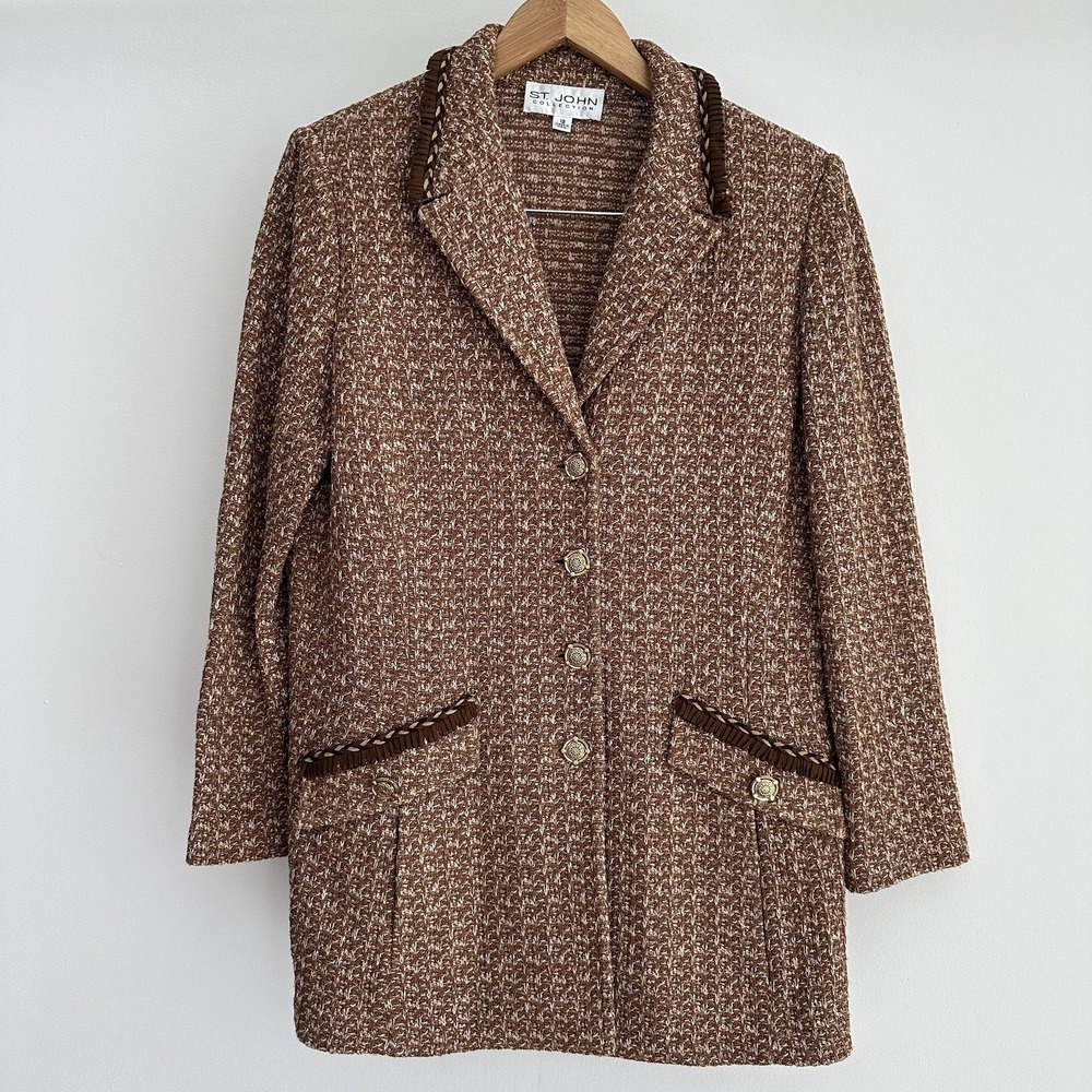 St John Tweed Jacket 12 Brown Textured Knit Gold Button Fringe Equestrian Luxury - Picture 6 of 16